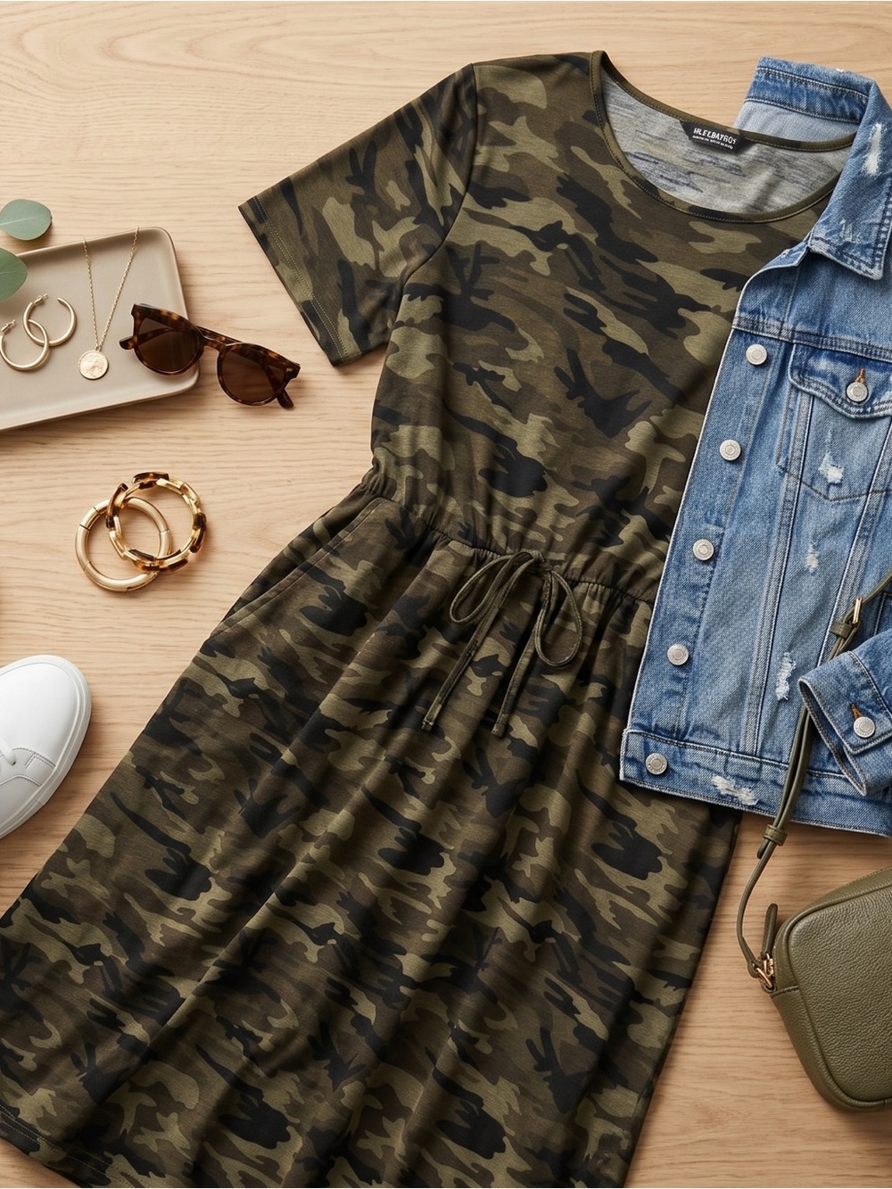 BloomChic Camo Drawstring Short Sleeve Midi Dress with Pockets Size 14-16